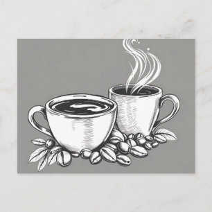 Carte Postale Tasses à café monochromes et grains