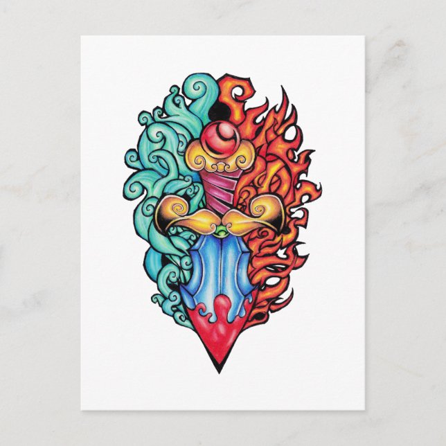 Carte Postale Tatouage de Dagger d'incendie et d'eau (Devant)