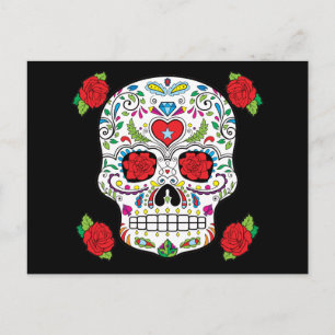Carte Postale Tatouage mexicain, crâne à sucre et roses rouges