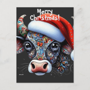 Carte Postale Taureau de vache de Noël avec/Santa Hat Art folklo
