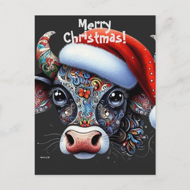 Carte Postale Taureau de vache de Noël avec/Santa Hat Art folklo (Devant)