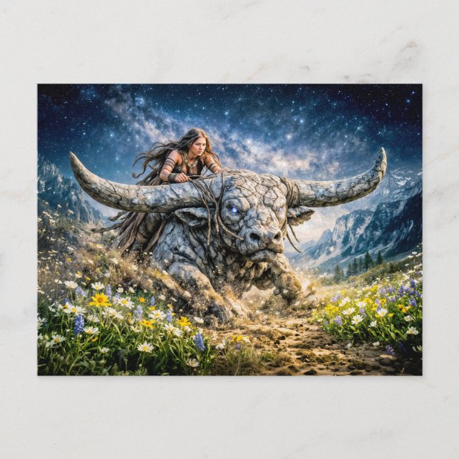 Carte Postale Taureau Zodiaque chevauchant une créature cornue m (Devant)