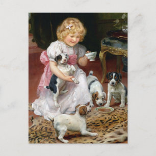 Carte Postale Tea Time for Fox Terrier Puppies Vintage Chig Art