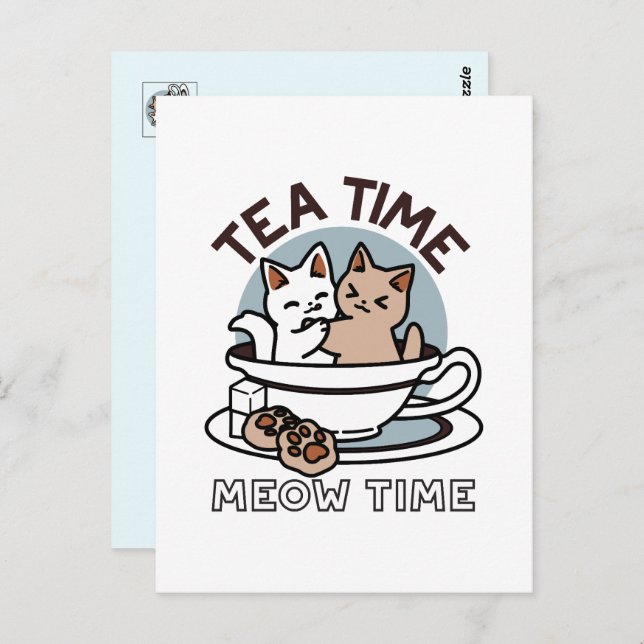 Carte Postale Tea Time Meow Time - Cute Cat and Tea Design (Devant / Derrière)