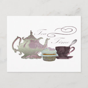Carte Postale Tea Time Pink Cupcake Hearts Art