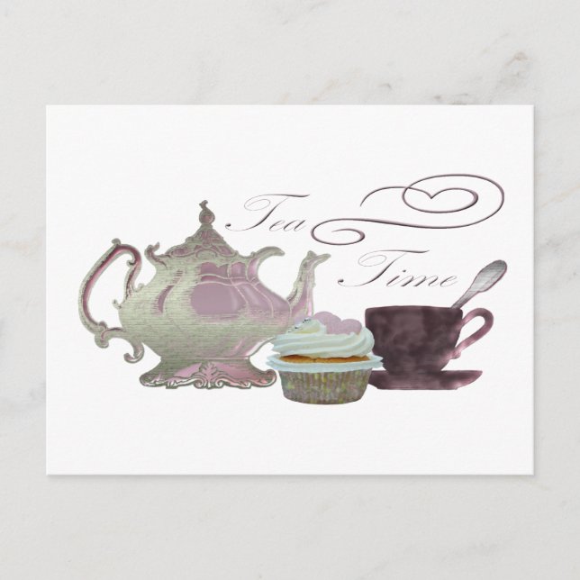 Carte Postale Tea Time Pink Cupcake Hearts Art (Devant)