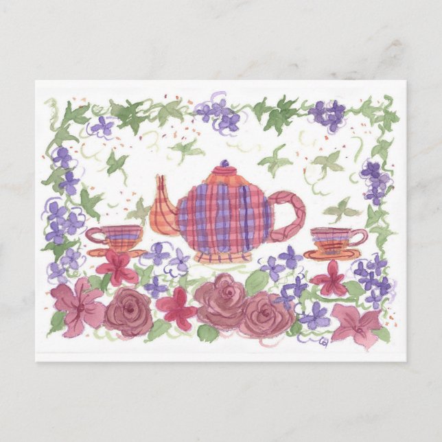 Carte postale Tea Time Teapot and Flowers (Devant)
