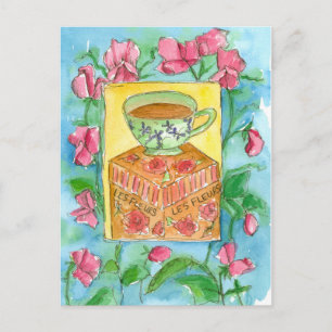 Carte Postale Teacup Pink Sweet Peas Fleurs Aquarelle