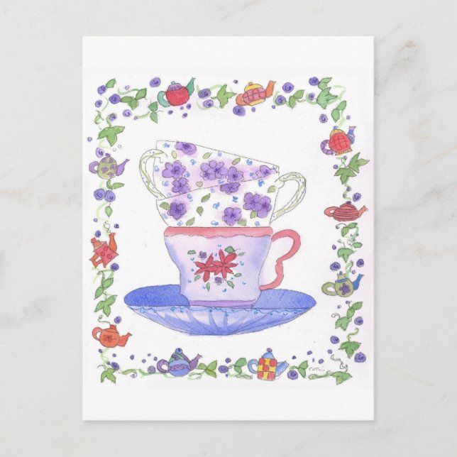 Carte Postale Teacup Stack Tea Time Aquarelle Fleurs (Devant)