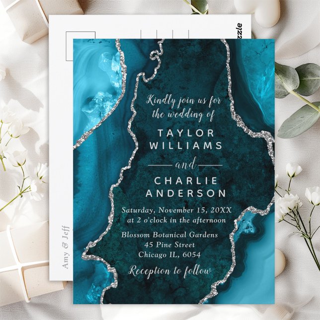 Carte Postale Teal Blue et Agate Marble Save The Date (Créateur téléchargé)