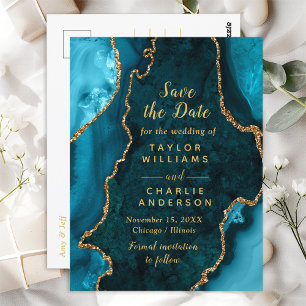 Carte Postale Teal Blue et Agate Marbre Save The Date