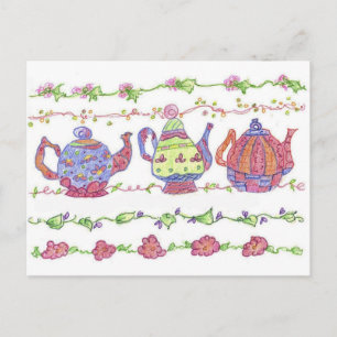Carte Postale Teapots Tea Fleurs Temps Orange