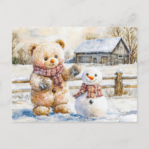 Carte Postale Teddy Bear Construire un Snowman