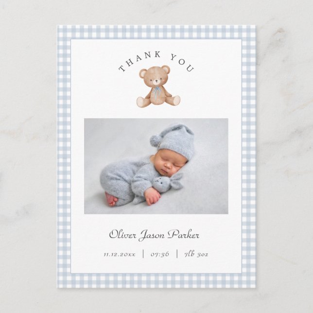 Carte Postale Teddy Bear Gingham Baby Boy Birth Announcement (Devant)