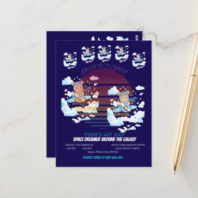 Carte Postale Teddy Bear Pilot Airplane Art (Devant/Arrière en situation)