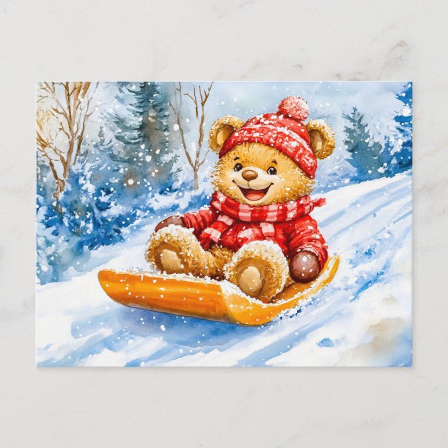 Carte Postale Teddy Bear Sledding Descente en hiver (Devant)