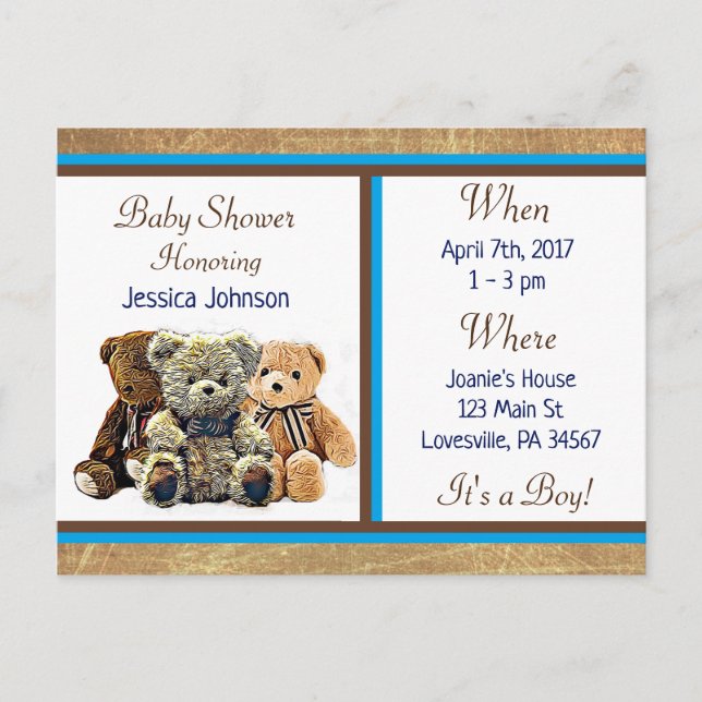 Carte Postale Teddy Bear Theme Boy's Baby shower Invitation (Devant)