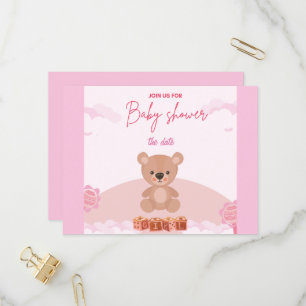 Carte Postale Teddy Pink Bear Girl attente invitation baby showe
