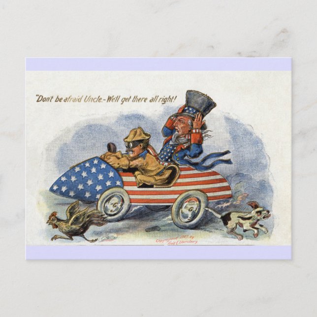Carte Postale Teddy Roosevelt & Uncle Sam in Patriotic Auto (Devant)