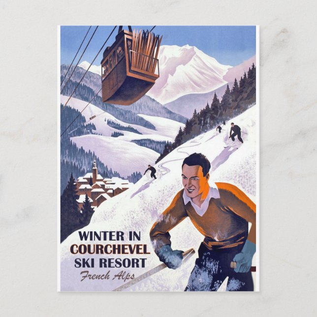 Carte Postale Téléphérique sur Courcheval, homme sur ski, vintag (Devant)