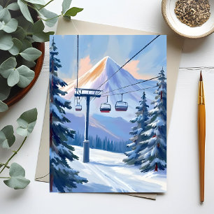 Carte Postale Télésiège Montagne Hiver Aquarelle Ski