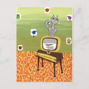 Carte Postale Télévision atomique et chat cool