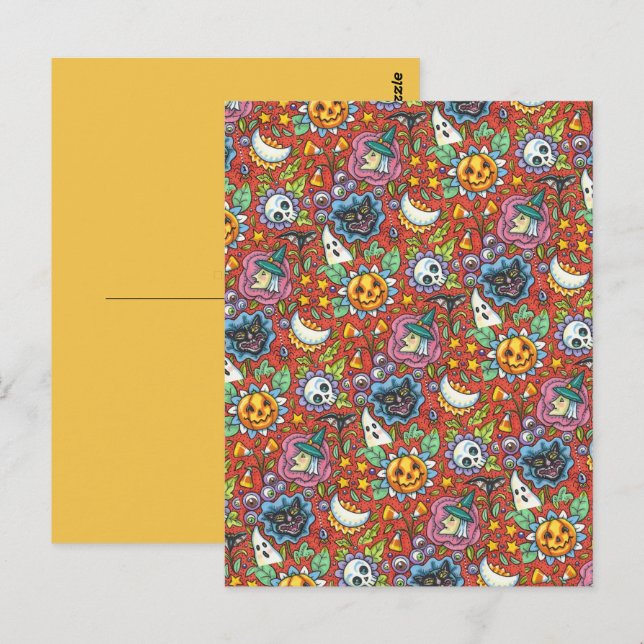 CARTE POSTALE TÉMOIN, CHAT, GHOST, COLORÉ HALLOWEEN FOLK GARDEN (Devant / Derrière)