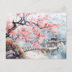 Carte Postale Temple aquarelle chinois avec fleurs de cerisier
