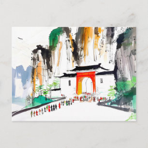 Carte Postale Temple avec des personnes dans un paysage montagne