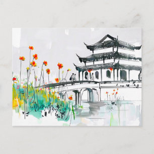 Carte Postale Temple chinois au bord d'un étang fleuri
