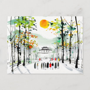 Carte Postale Temple chinois entre les arbres au coucher du sole
