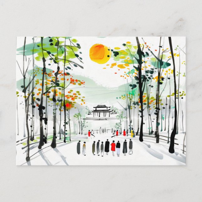 Carte Postale Temple chinois entre les arbres au coucher du sole (Devant)