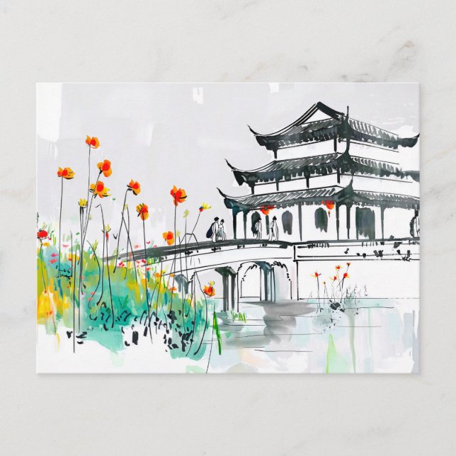 Carte Postale Temple chinois par un étang à fleurs (Devant)