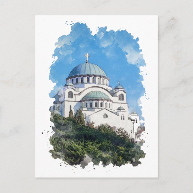 Carte Postale Temple de Saint Sava Serbie Aquarelle Art (Devant)