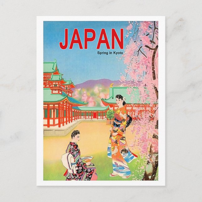 Carte Postale Temple du Japon au printemps, filles geisha en mar (Devant)