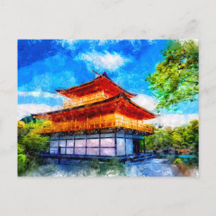 Carte Postale Temple japonais style asiatique aquarelle Art