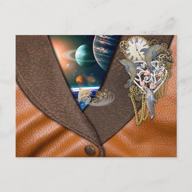 Carte Postale Temps Dolphin Steampunk sur la texture en cuir (Devant)