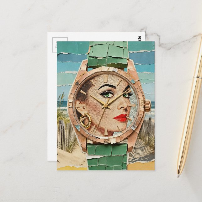 Carte Postale Temps pour la mode Dadaïste Collage Dame  (Devant/Arrière en situation)