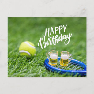 Carte Postale Tennis Anniversaire avec balle et bière sur gazon 