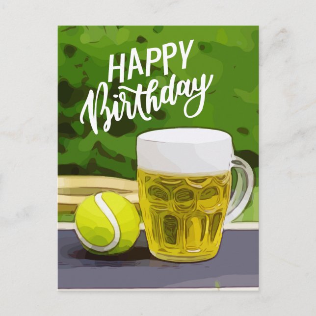Carte Postale Tennis Anniversaire avec bière et raquette à balle (Devant)