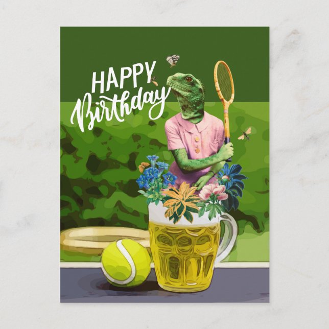 Carte Postale Tennis Anniversaire avec bière et raquette à balle (Devant)