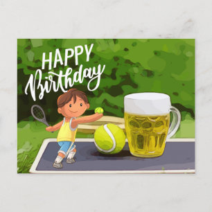 Carte Postale Tennis Anniversaire avec bière et raquette à balle