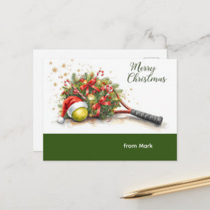 Carte Postale Tennis Noël avec chapeau de Père Noël et raquette