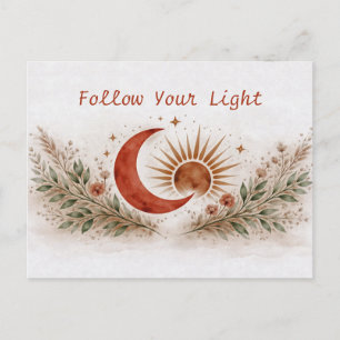Carte Postale Terracotta Boho Soleil Lune Botanique Aquarelle 