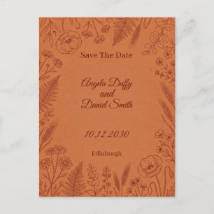 Carte Postale Terracotta Line Art Floral Enregistrez la Date