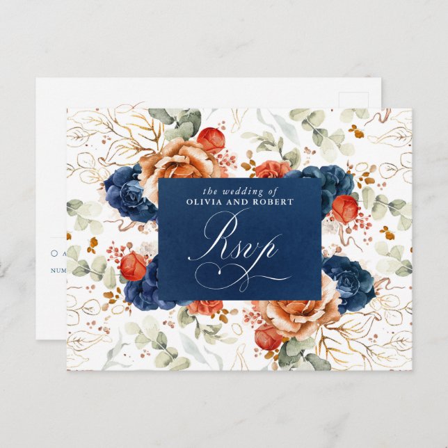 Carte Postale Terracotta Marine Fleurs Bleues Mariage RSVP (Devant / Derrière)