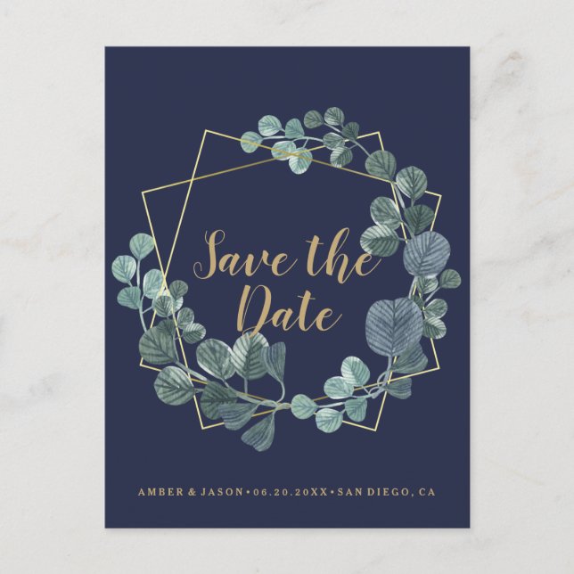 Carte Postale Terrarium botanique Navy et Or, Save the Date (Devant)