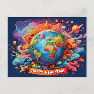 Carte Postale Terre couleurs pshchédéliques heureux nouvelle ann