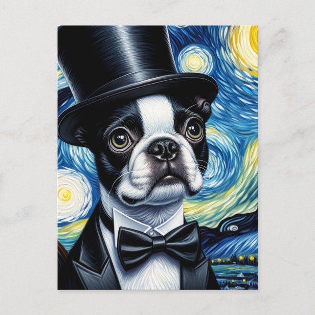 Carte Postale Terrier de Boston dans un haut-de-forme Van Gogh (Devant)