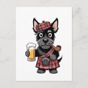 Carte Postale Terrier écossais en kilt tartan avec bière et pipe